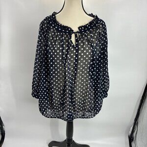 Jones New York Womens Size 1X Blouse Navy White Polka Dot Sheer 3/4 Sleeve Top